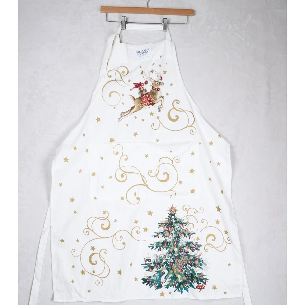 Williams Sonoma Twas the Night Before Christmas Apron White Gold Reindeer New